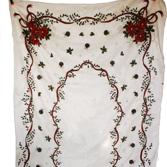 Vintage Poinsettia Holly Berries Holiday Fabric Rectangle Tablecloth 114" X 58" - Picture 2 of 10